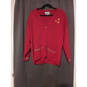 Bay Point Threads Red‎ Knit Cardigan, Women's Large Sweater, Gold Stars, Pockets